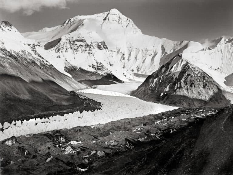 Iconic S-curve view of Mount Everest in black and white